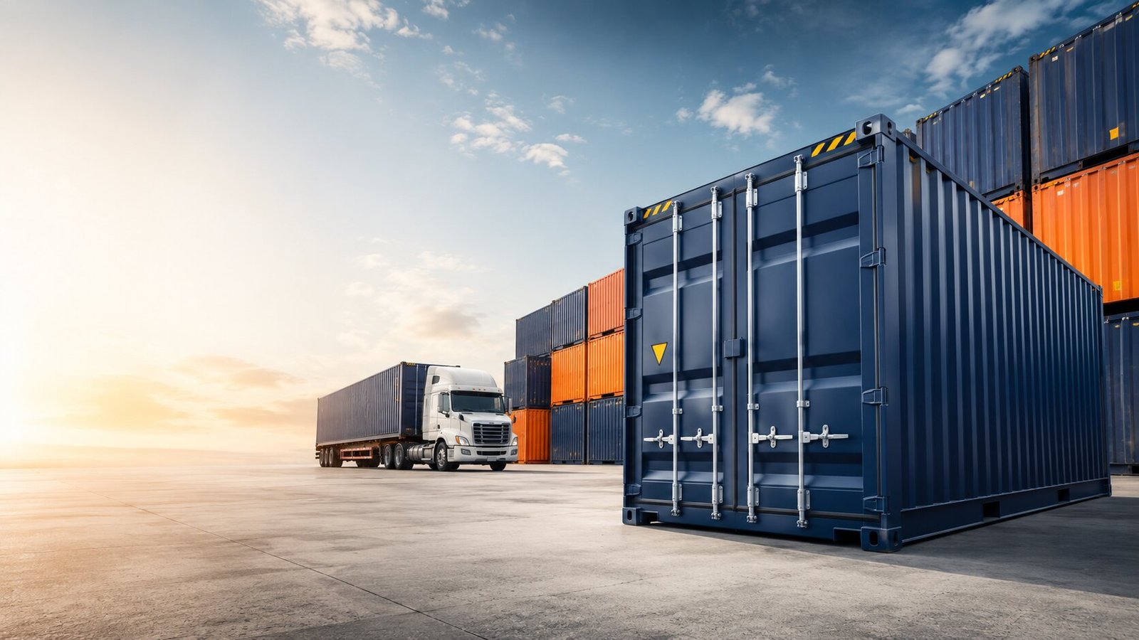 New and used shipping containers with delivery truck at a container yard